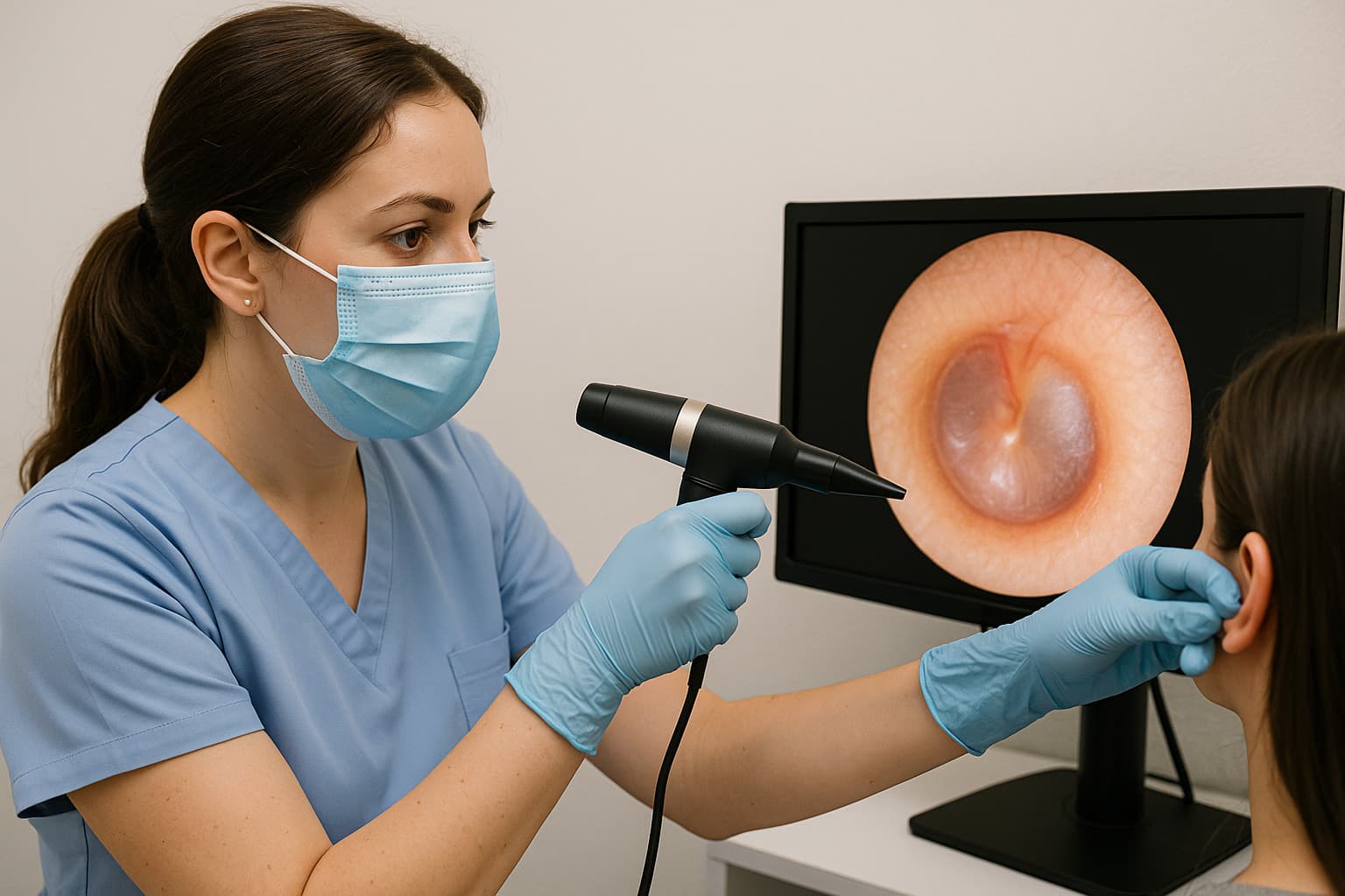 Profesional realizando videotoscopía con equipamiento moderno, mostrando procedimiento en tiempo real con tecnología de alta definición